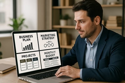 Entrepreneur using digital templates and guides on a laptop Entrepreneur using digital templates and guides on a laptop