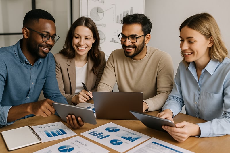 Entrepreneurs collaborating with digital tools and business templates Entrepreneurs collaborating with digital tools and business templates