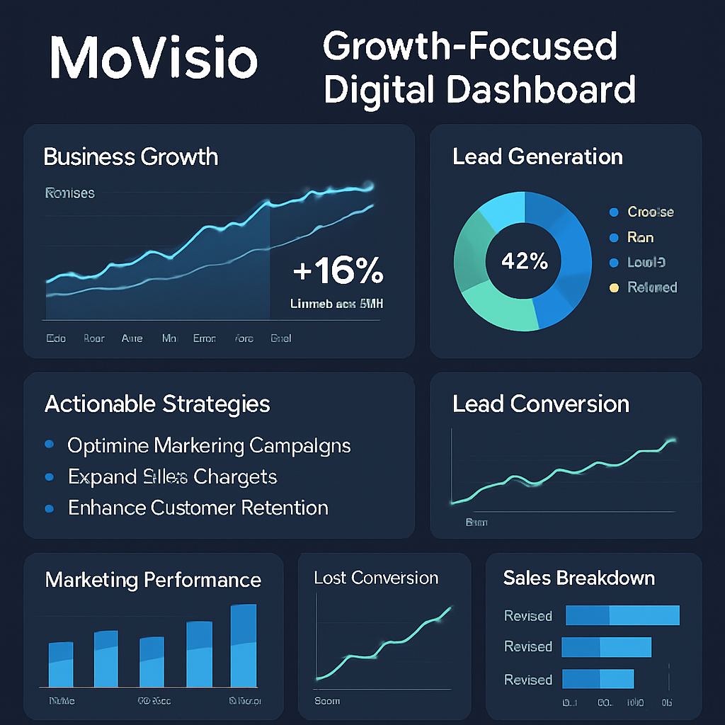 MoVisio growthfocused digital dashboard showing business metrics and lead generation strategiesBusiness professional analyzing charts and graphs for MoVisio business growth insightsVisual representation of MoVisios actionable strategies for scaling s-1