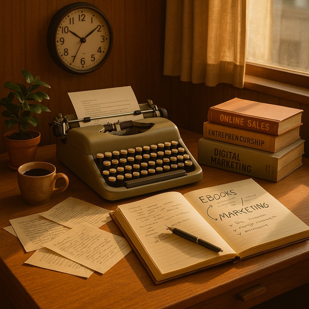 The image features a vintagestyled workspace reminiscent of the late 1960s with warm wooden tones and a cozy atmosphere A typewriter sits prominently on a wooden desk surrounded by scattered pages filled with handwritten notes and sketches A small po