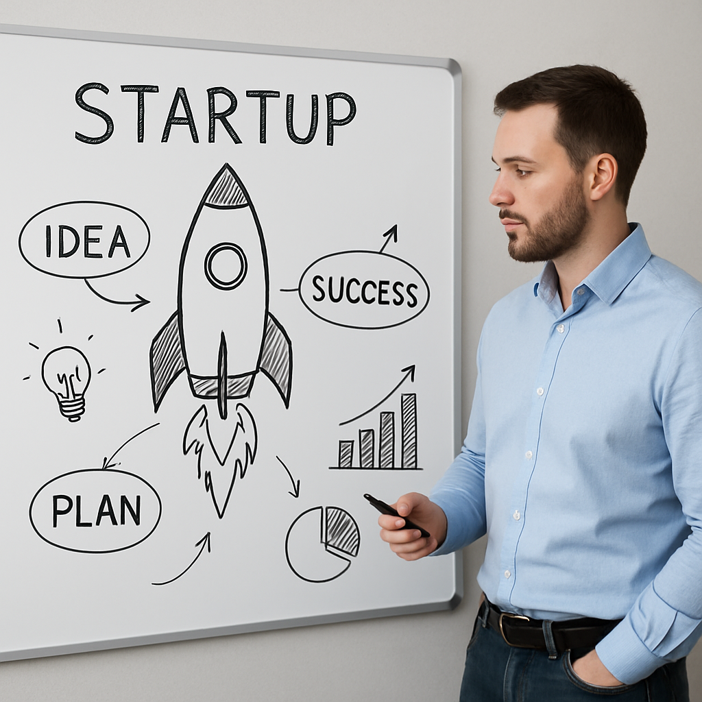 create image a man stand realistic planning your rocket in your business