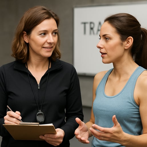 create image realistic two person female discuss about training
